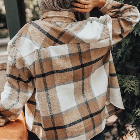 Khaki plaid oversized plaid flannel shirt shachet jacket - Picture 4 of 8